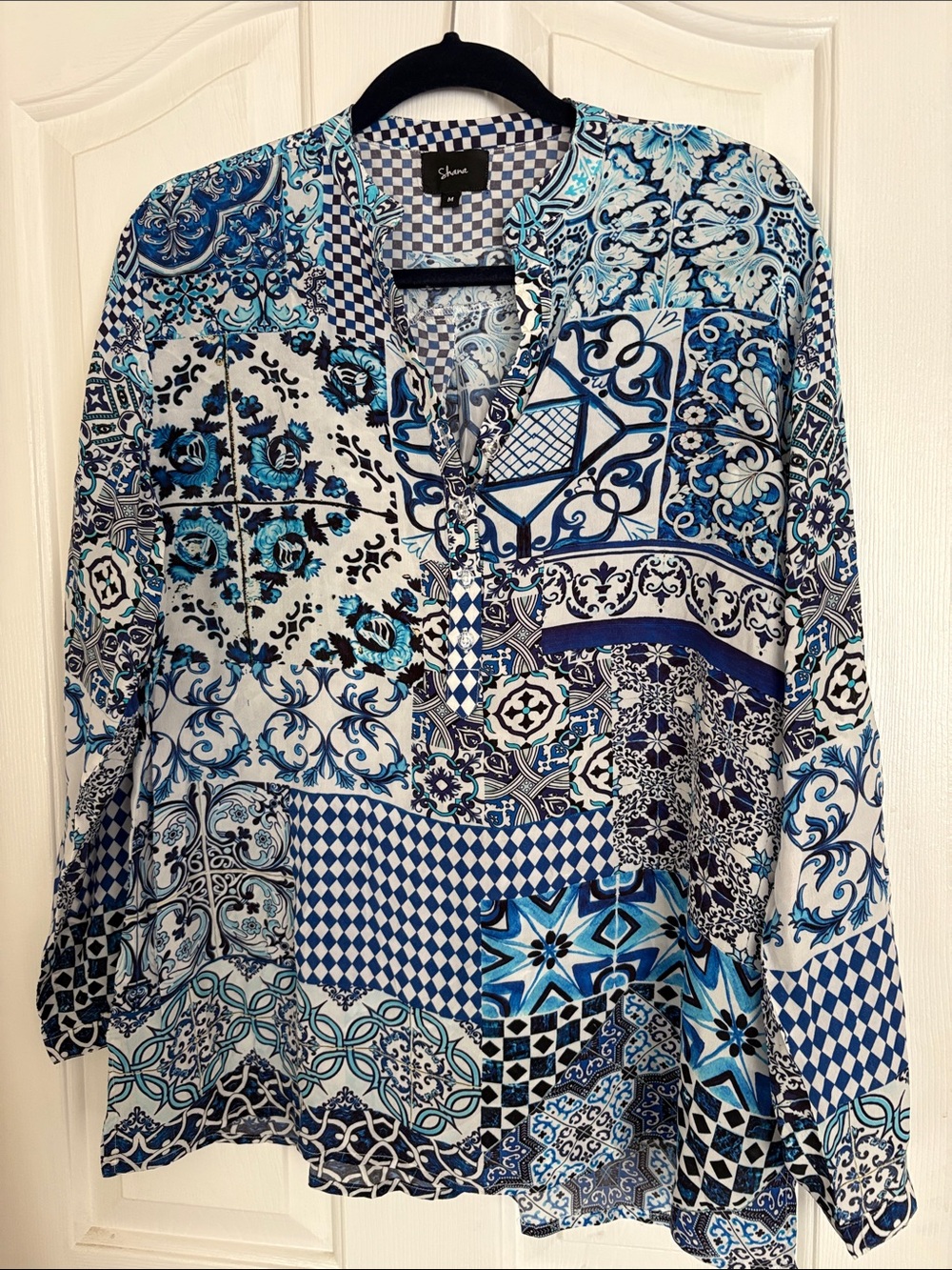 Shana Blue & White Patchwork Button-Front Blouse - Picture 1 of 4